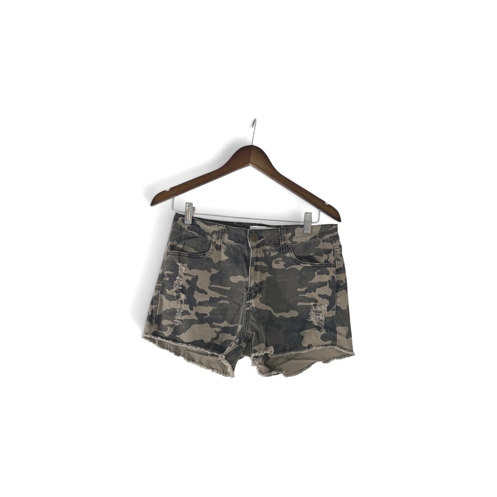Ashley Mason Womens Camo Distressed Denim Shorts Green Brown Size 11 Frayed Hem
